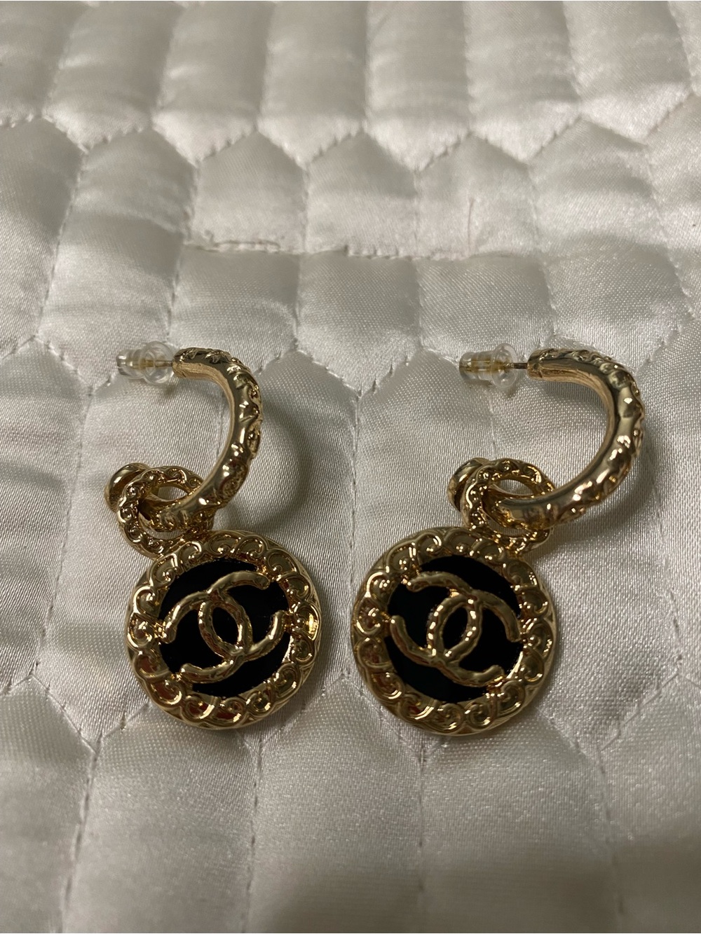 ChaneI. Black and Gold- Tone Dangle Logo Earrings